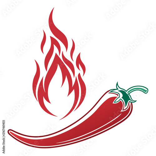 Chili pepper vector illustration showing organic red vegetable with green stem and stylized fire flames design isolated on white background for spicy food theme branding.