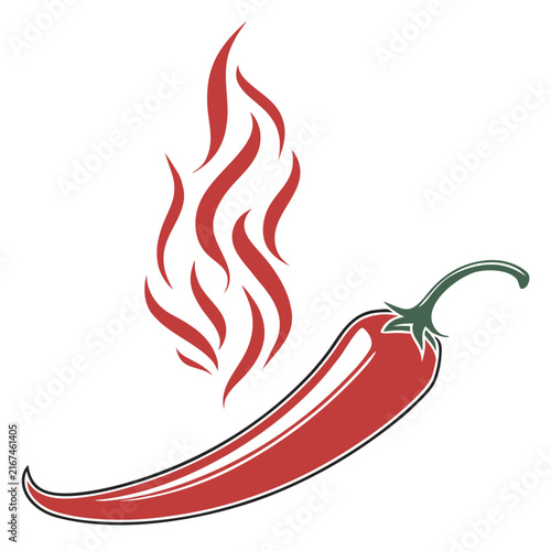 Chili pepper vector icon art featuring organic red vegetable with green stem and abstract fire flames design isolated on white background for culinary branding purposes.