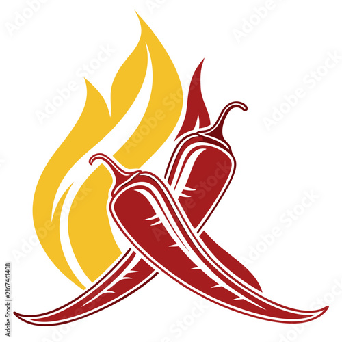 Crossed chili peppers vector illustration with yellow fire flames in background featuring organic red vegetable elements for restaurant logo or spicy menu graphic design.