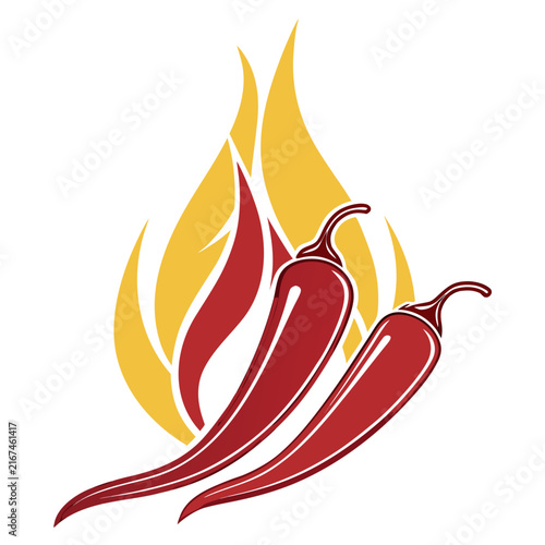 Pair of red hot chili peppers with a vibrant yellow flame graphic, depicting spicy flavor and fiery heat, simple vector illustration.