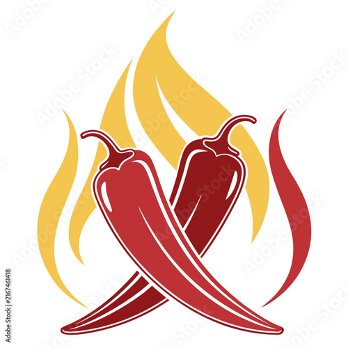 Crossed chili peppers vector illustration with yellow fire flames in background featuring organic red vegetable elements for spicy menu design or culinary brand identity.