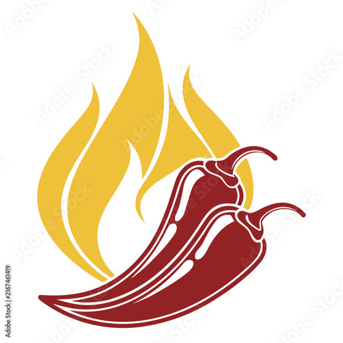 Two red hot chili peppers with a vibrant yellow flame graphic, depicting spicy flavor and fiery heat, simple vector illustration.