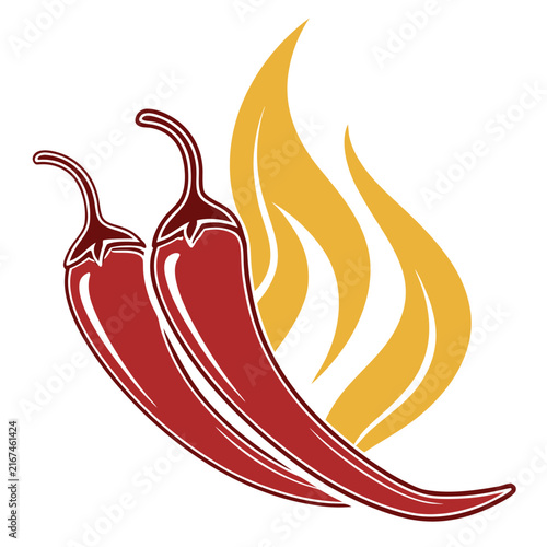 Two red hot chili peppers with a vibrant yellow flame graphic, depicting spicy flavor and fiery heat, simple vector illustration.
