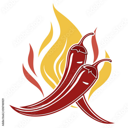 Two crossed red hot chili peppers with a vibrant yellow flame graphic, depicting spicy flavor and fiery heat, simple vector illustration.