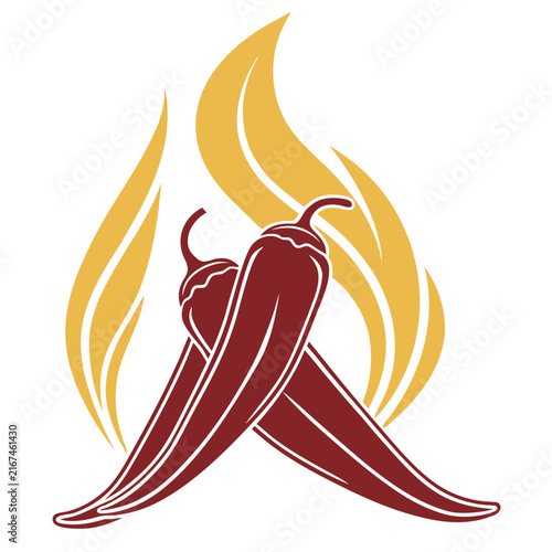 Two crossed red hot chili peppers with a vibrant yellow flame graphic, depicting spicy flavor and fiery heat, simple vector illustration.