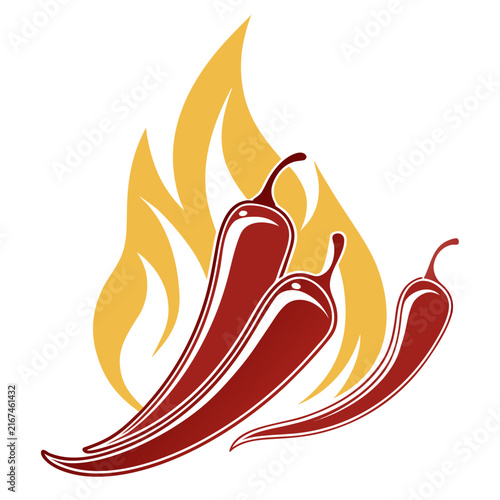 Three stylized red chili peppers of varying sizes, the largest at front, with bold white outlines, emerge from vibrant yellow and orange flames.