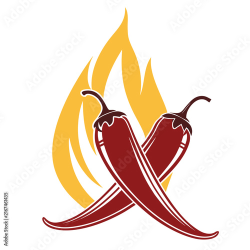 Pair of vibrant red chili peppers crisscrossing with fiery yellow and orange flames in background, creating a dynamic and spicy food illustration.