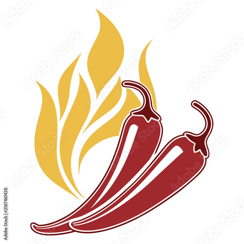 Two vibrant red chili peppers with sleek outlines set against a backdrop of flowing yellow and orange flames, capturing essence of spice and heat.