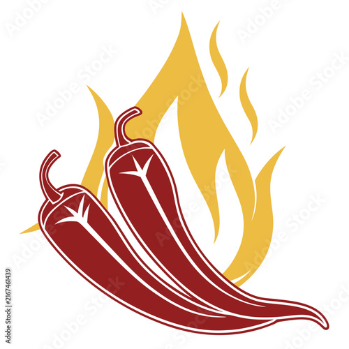 Pair of vibrant red chili peppers with distinct white star-like markings, partially overlapping and set against a backdrop of yellow and orange flames.
