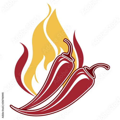 Red hot chili pepper vector illustration with fire flames and highlights isolated on white background for kitchen decor spicy food menu icons and heat level indicator.