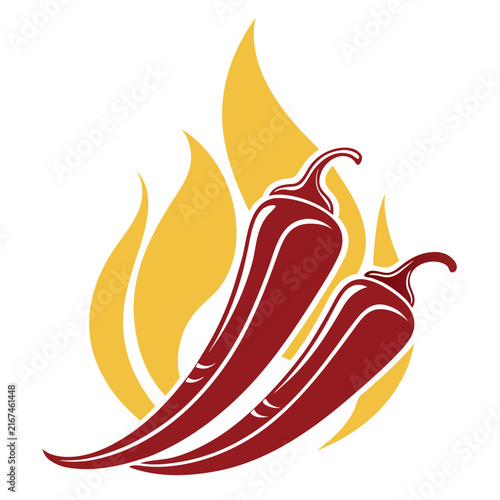 Two rich red chili peppers with elegant white outlines, positioned side-by-side in a dynamic angle, emerging from fiery yellow and orange flames.