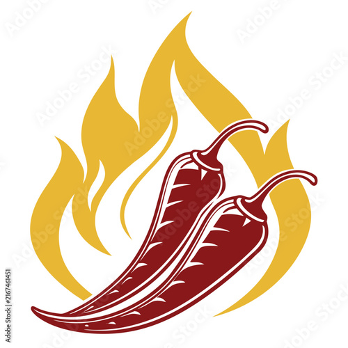 Chili pepper illustration set with red hot spice peppers and yellow fire flames isolated on white background for menu design mexican food spice heat level flat vector.