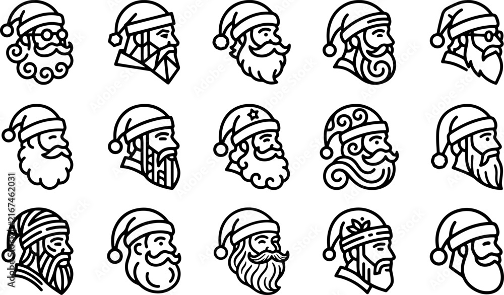 Fototapeta premium santa claus beard and hat vector line art icon set for christmas and winter designs.