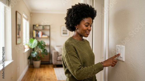 Smiling African American Woman Turning Off Light Switch at Home to Save Electricity and Energy