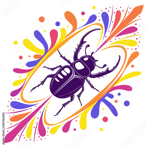 Purple beetle with colorful splashes vector graphic on white background, insect with vibrant paint splatters, dynamic artistic design.