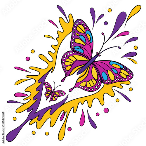 Vibrant abstract splash pattern with two colorful butterflies and fluid shapes on white background.
