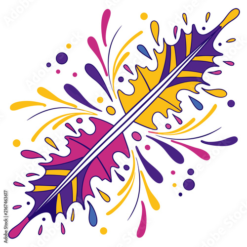 Bright abstract splash pattern with colorful feather element and decorative swirls on white background.