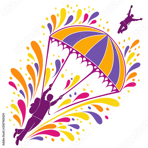 Dynamic abstract splash with skydiver and parachute, colorful paint burst on white background.