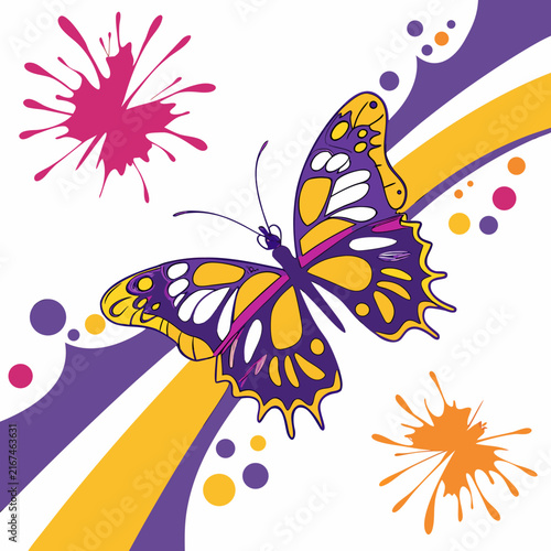 Abstract splash with purple and yellow butterfly and organic shapes on white background.