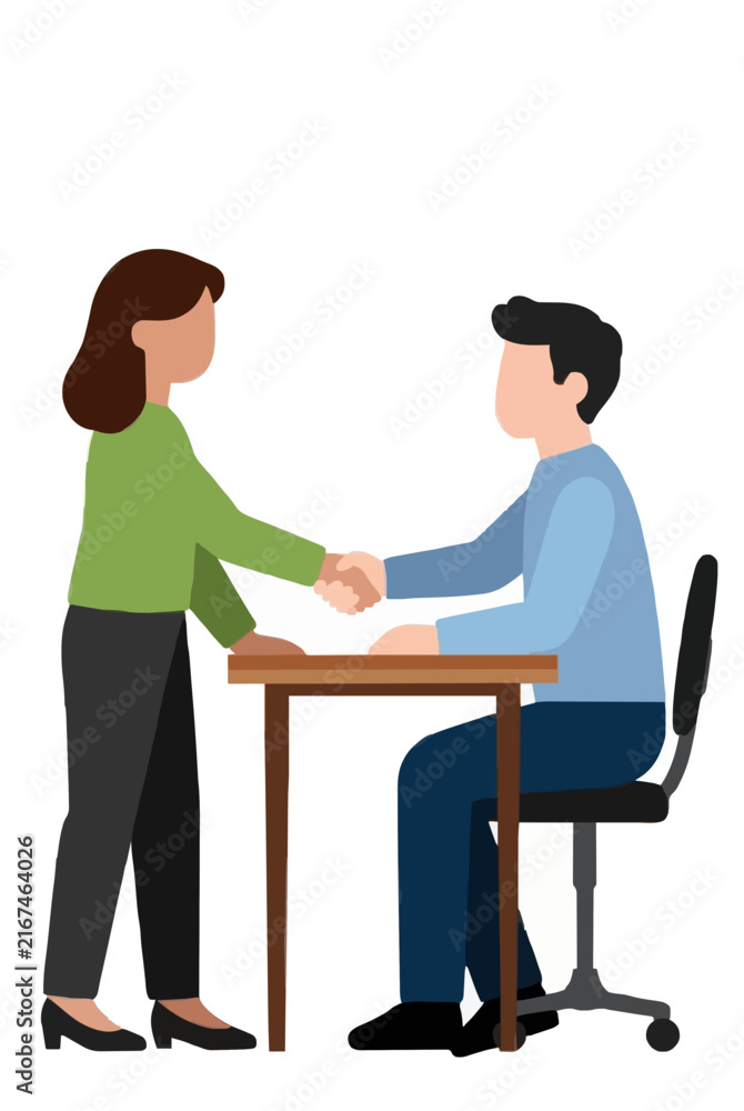 Obraz premium Flat vector illustration of two businesspeople shaking hands across a desk, symbolizing agreement, partnership, successful meeting, deal closing, corporate handshake greeting, and professional