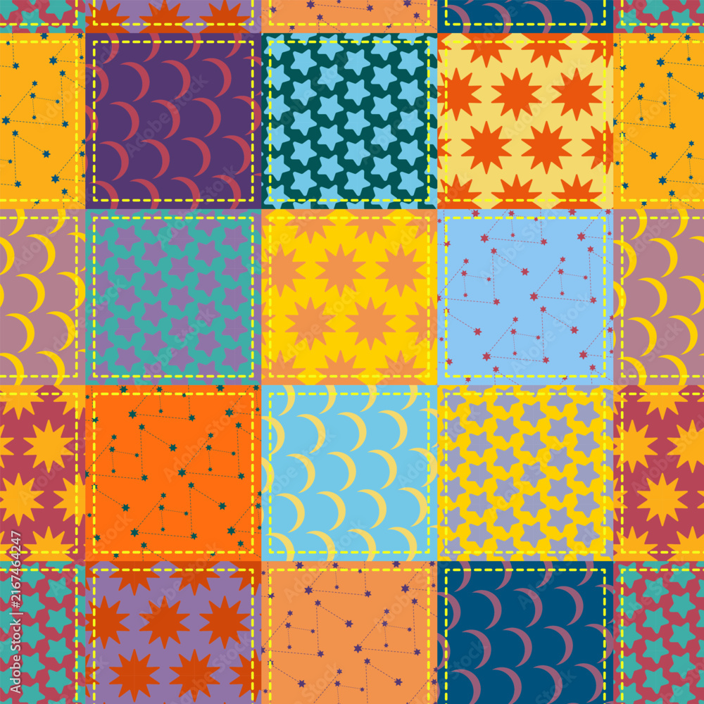 Naklejka premium Seamless patchwork pattern with stitched fabric squares, stars and celestial sun motifs, cozy handmade design for textiles and crafts