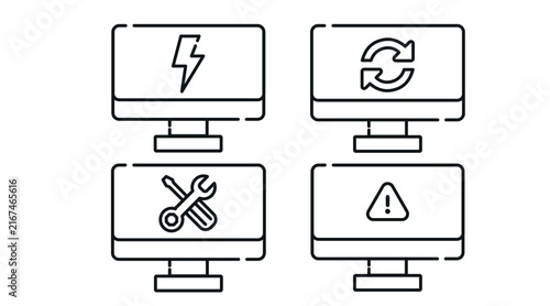 Computer maintenance and PC performance monitor vector icons set. Black line art style on white background. 