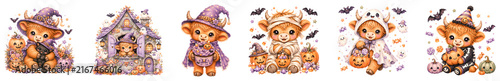 Cute Highland Cow Witch with Halloween Watercolor Illustration Isolated on Transparent Background.