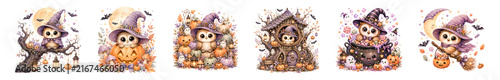 Cute Baby Owl Witch with Pumpkins and Ghosts Halloween Watercolor Illustration Isolated on Transparent Background.