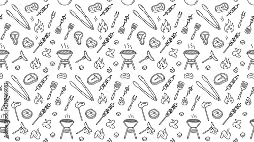 Barbecue grill and meat food pattern with hand drawn doodle style icons for summer cooking design