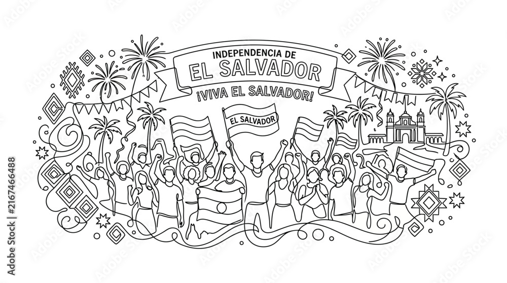Fototapeta premium El Salvador Independence Day Celebration with Crowds and Flags Doodle Illustration
