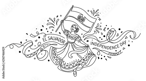 El Salvador Independence Day Celebration Illustration with Traditional Woman and Waving Flag