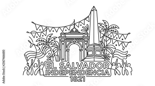 El Salvador Independence Day Festive Continuous Line Art Illustration with Landmarks
