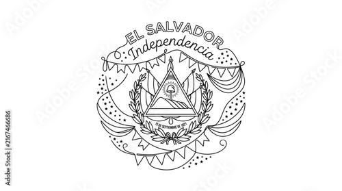 El Salvador Independence Day Celebration Vector Line Art National Emblem