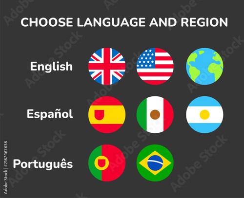 Language and region selection icon set. English, Spanish and Portugese; European and American country flags. Simple flat vector style.
