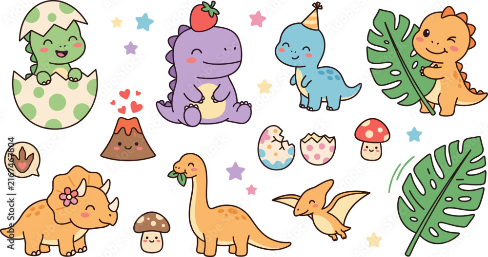 Naklejka premium Cute Kawaii Dinosaur Birthday Party Vector Element Set with Adorable Hatching Baby Dino, Triceratops, Volcano, Monstera Leaves, and Stars for Kids Design