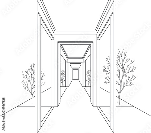 Modern Long Corridor Interior featuring Architectural Doorways Trees and One Point Perspective Vector Line Art