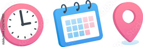 Time, date, location icons. Simple cartoon calendar, clock, and direction pin. Vector  illustration set.