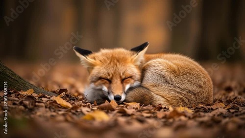 Sleeping fox nestled among autumn leaves in a serene forest, capturing the peaceful beauty of