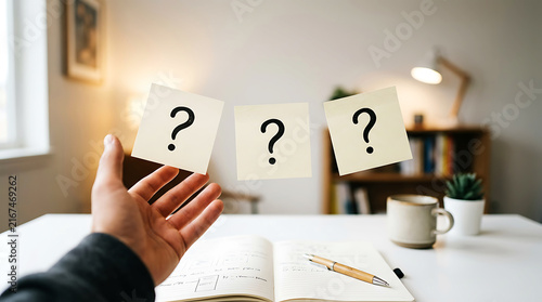 Hand reaching toward floating question mark notes