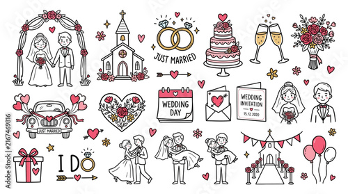 Hand drawn wedding celebration doodle icons set with bride, groom, church, rings, cake, and love elements in sketch vector style