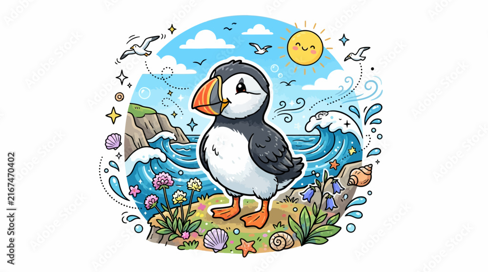 Obraz premium Adorable Puffin Bird Standing on Coastal Cliff with Ocean Waves.