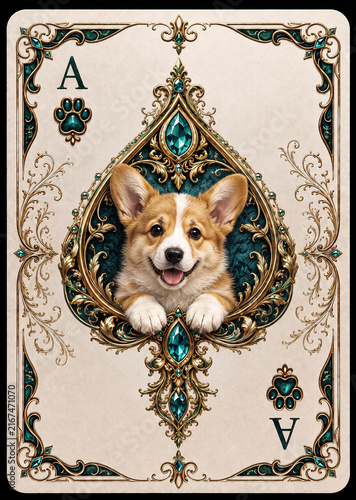 Luxury Ace Playing Card with Cute Corgi Dog in Ornate Teal Spade Design