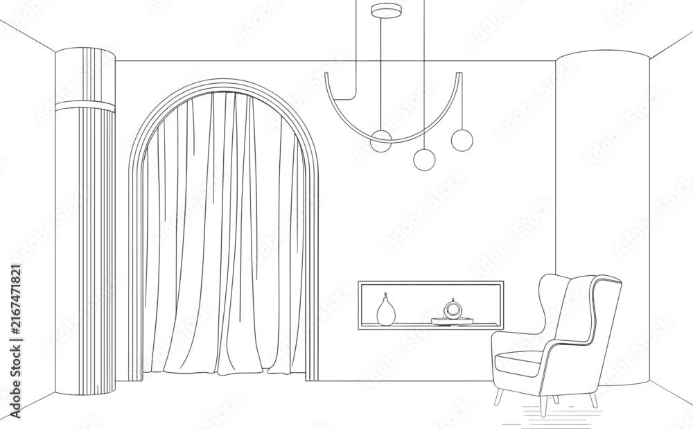 Fototapeta premium Refined Modern Room Interior featuring Arched Curtain Entrance Wingback Armchair and Curved Chandelier Line Art Vector Illustration
