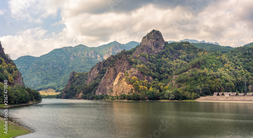 Olt River and forested mountains near Cozia Monastery in Calimanesti, Valcea County, Romania