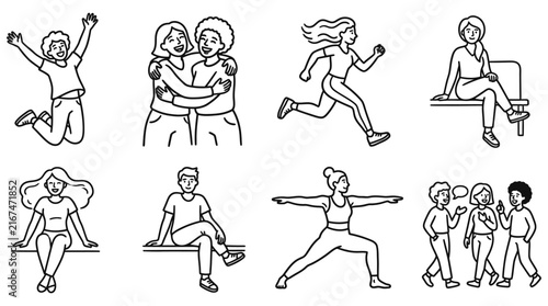 diverse people vector line art illustrations showing everyday activities social interaction and well-being concepts.