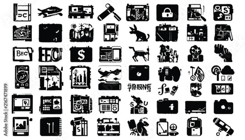 A collection of diverse black and white graphic icons representing technology, business, lifestyle, and abstract concepts are displayed in a grid format on a white background, showcasing a variety of.