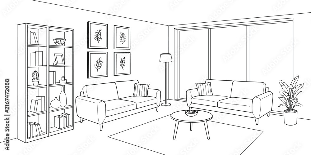 Fototapeta premium Spacious contemporary living room sketch featuring two sofas bookshelf framed artwork floor lamp and large window vector