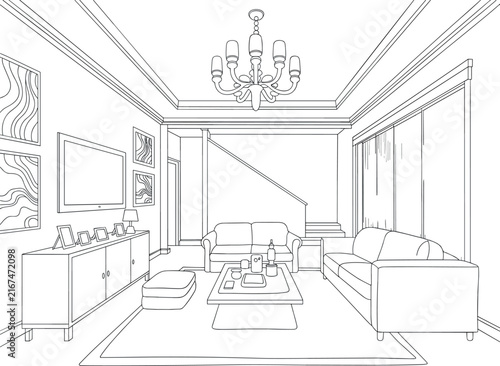 Spacious Living Room Interior featuring Sofa Set Coffee Table Media Console and Chandelier Line Art Vector Illustration