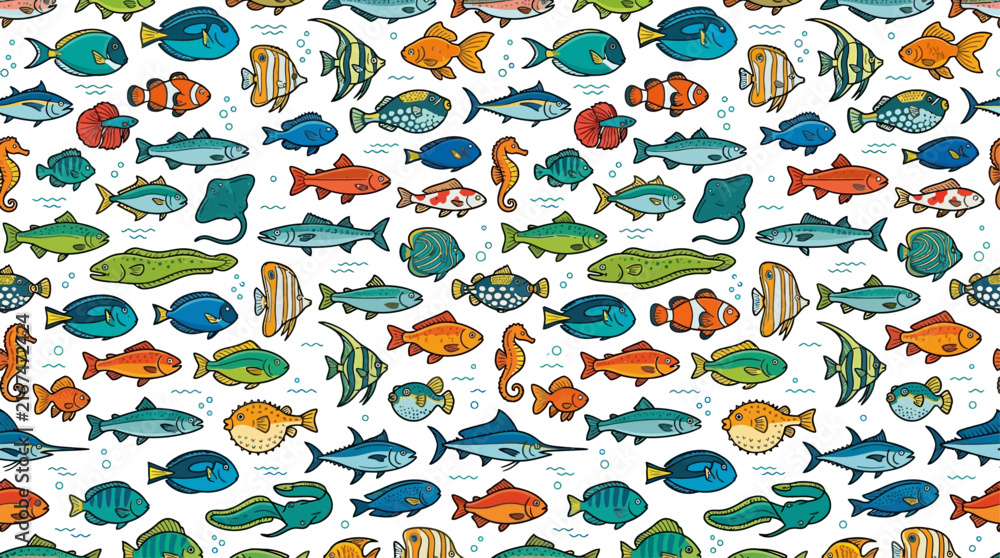 Obraz premium seamless pattern of cute colorful cartoon fish and sea creatures underwater vector illustration