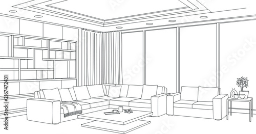 Spacious Modern Living Room Interior Line Art Sketch Featuring Large Sectional Sofa Wall Shelving Unit and Floor-to-Ceiling Windows Vector